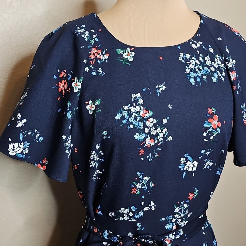 Banana Republic Navy Floral Print Tie Waist Fit N Flare Flutter Sleeve Dress 6 - Picture 2 of 7